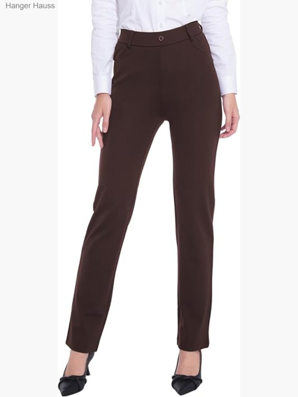 Stretchy Straight Leg Dress Pants with 4 Pockets Pull-On Work Slacks